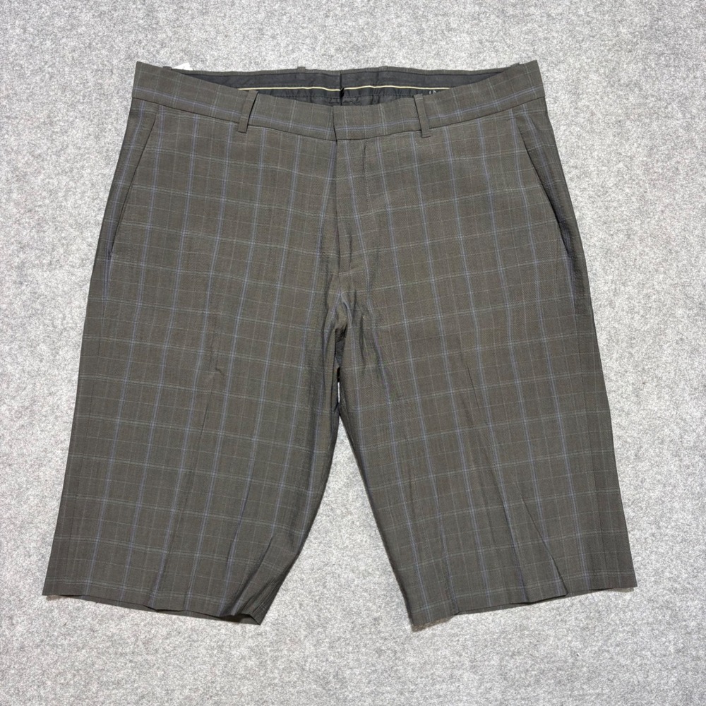 Theory Mens Plaid Dress Shorts Grey Blue Check Flat Front Size 36